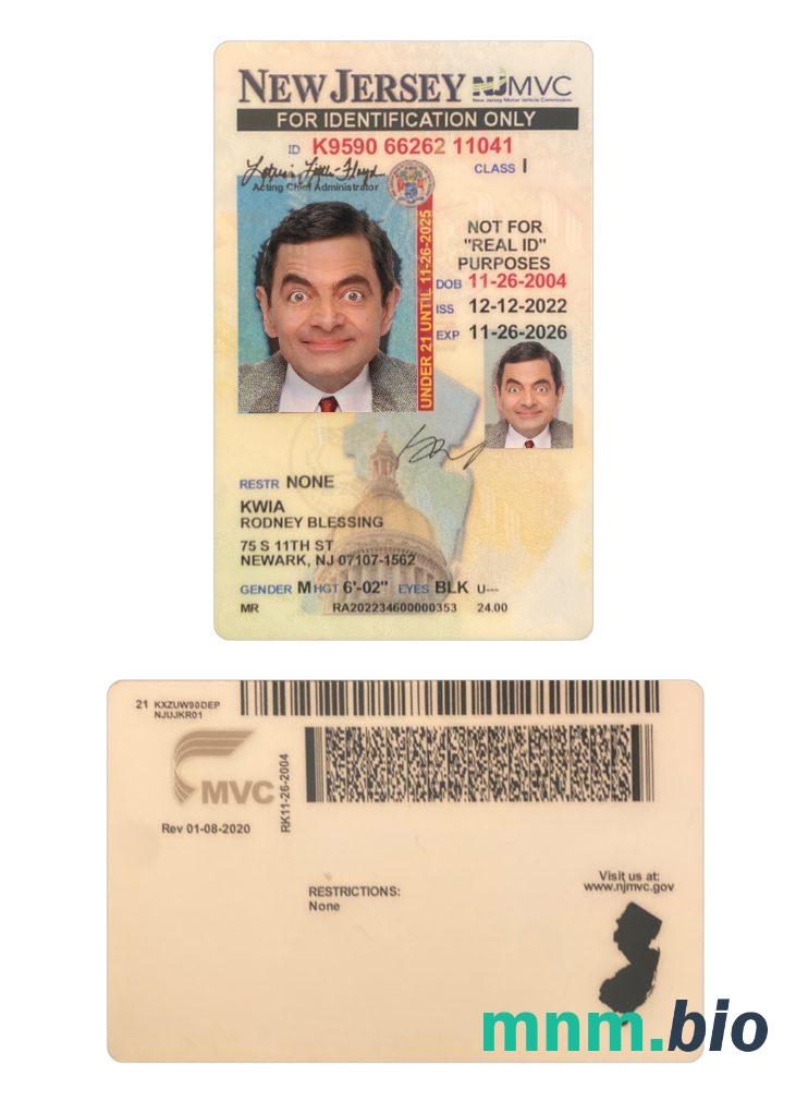 Przykład karty identyfikacyjnej poniżej 21 lat stanu New Jersey (USA) w formacie PSD, w pełni edytowalny